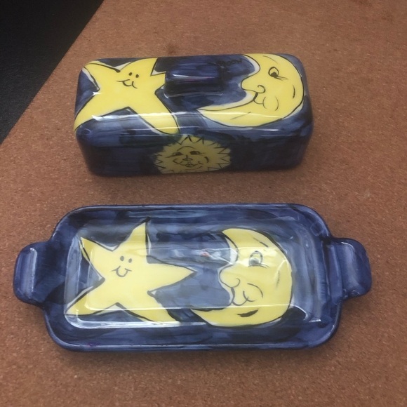 Butter Dish Ceramic Handmade Blue Yellow Moons Suns 9x3” Good Condition  Used - Picture 3 of 5